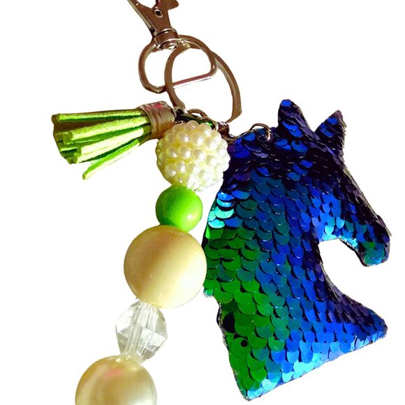 Green Unicorn Sequin Keychain, Plush, Tassel, Pearl Bead, Sparkly Purse Charm - Picture 1 of 1